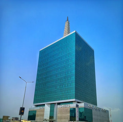 Daylight exterior of Civic Towers in Victoria Island, Lagos, shown as an illustrative company building.
