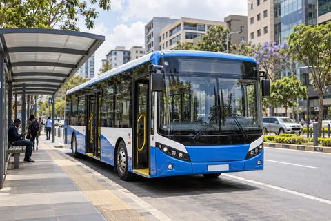 AI-generated illustrative Nairobi modern urban bus transit scene; a fictional setting, not evidence of the selected record.