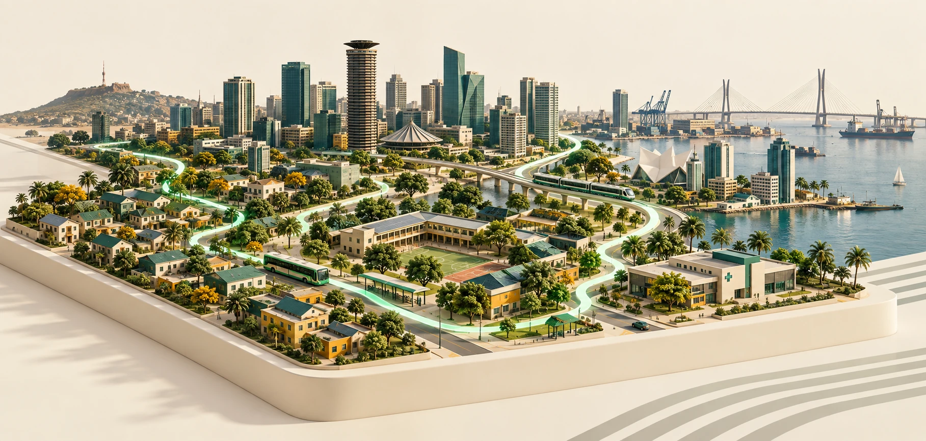 Conceptual city model connecting homes, schools, workplaces, healthcare and transport, with a skyline and waterfront beyond.